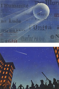 TWO PAINTINGS OF THE SATELLITE SPUTNIK,..., 1958 TWO PAINTINGS OF THE SATELLITE SPUTNIK,..., 1958